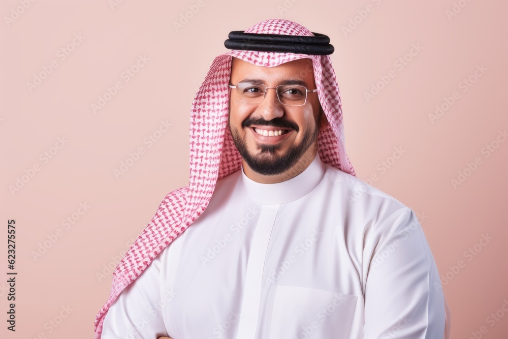 Portrait of a smiling arabian man in a white shirt on a pink background
