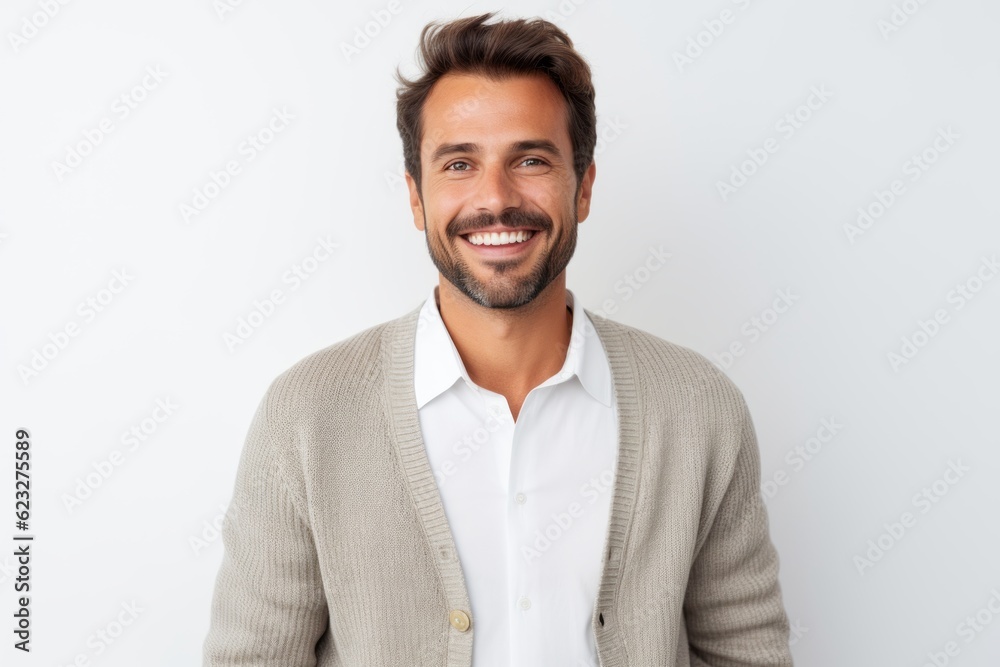 Portrait of handsome man smiling at camera while standing against white background