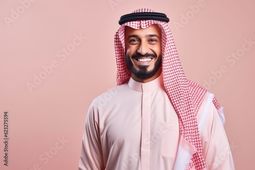 Medium shot portrait photography of a pleased Saudi Arabian man in his 40s wearing a chic cardigan against a pastel or soft colors background 