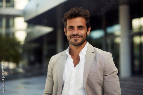 Portrait of handsome businessman standing outside office building. Businessman looking at camera.