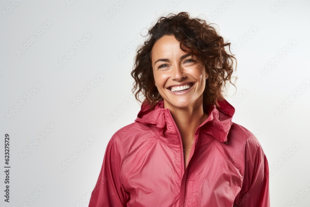 Portrait of a smiling woman in a pink jacket on a white background Portrait of a smiling woman in a pink jacket on a white background