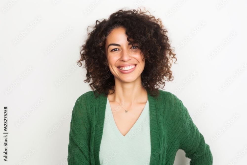 Portrait of a beautiful young woman with curly hair smiling at the camera