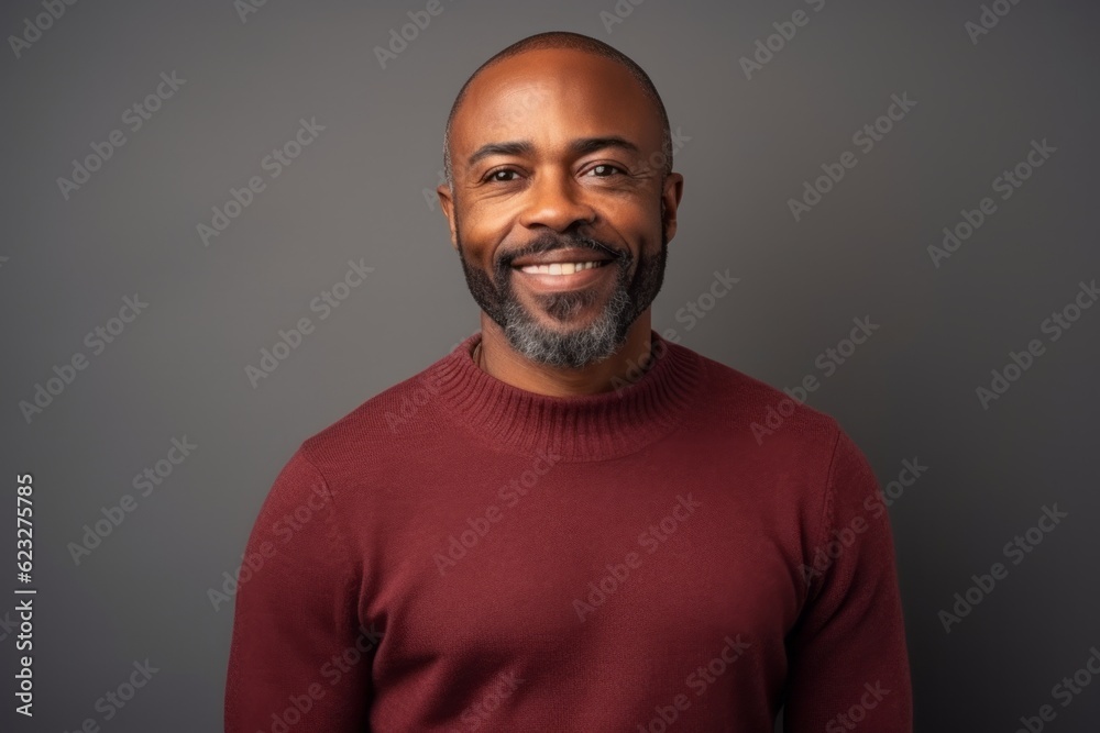 Medium shot portrait photography of a pleased Nigerian man in his 40s wearing a cozy sweater against an abstract background 