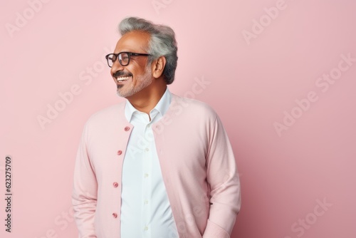 happy indian man in eyeglasses looking away on pink background