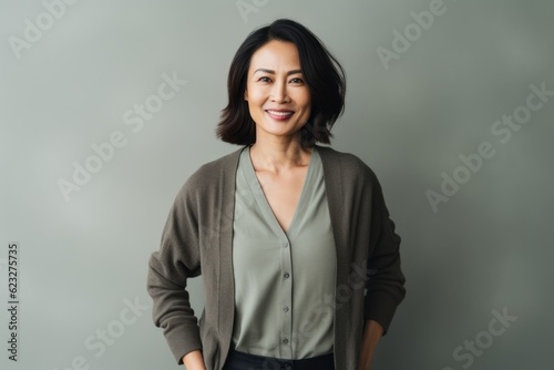 portrait of smiling businesswoman standing with hands on hip isolated on grey © Anne Schaum
