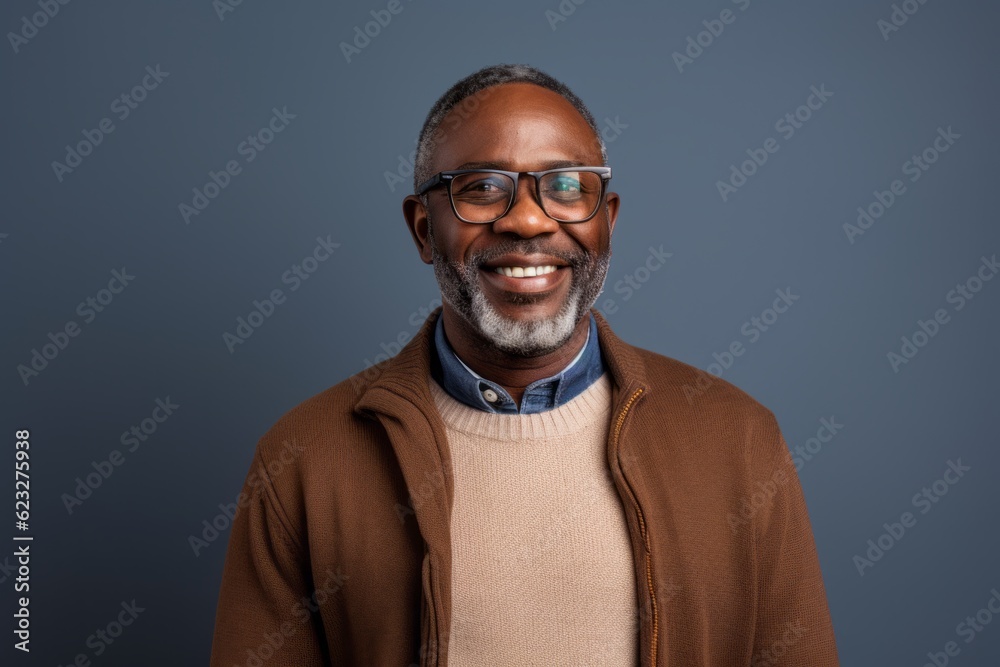 happy african american man in eyeglasses looking at camera isolated on grey happy african american man in eyeglasses looking at camera isolated on grey