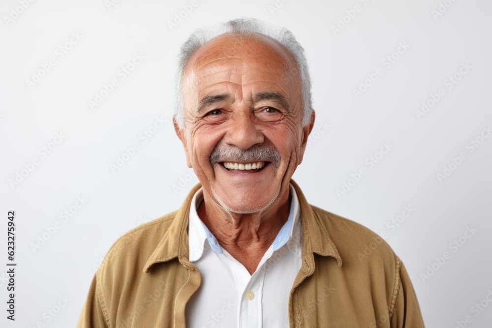 Portrait of happy senior man smiling and looking at camera while standing against white background Portrait of happy senior man smiling and looking at camera while standing against white background