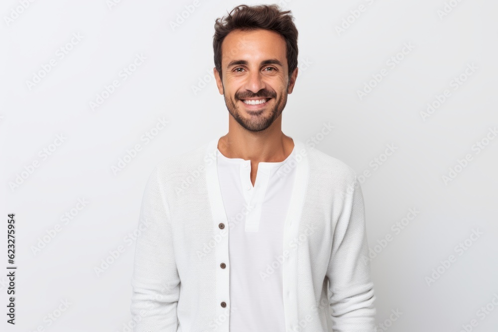 Portrait of a handsome young man smiling at the camera while standing against white background