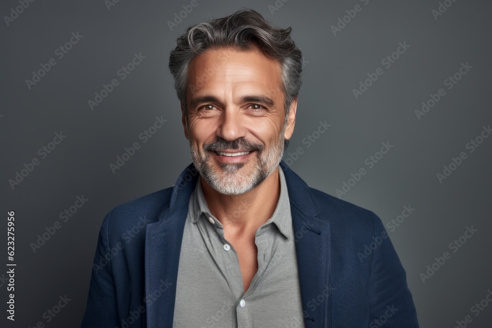 Fototapeta premium Handsome mature man smiling at camera while standing against grey background