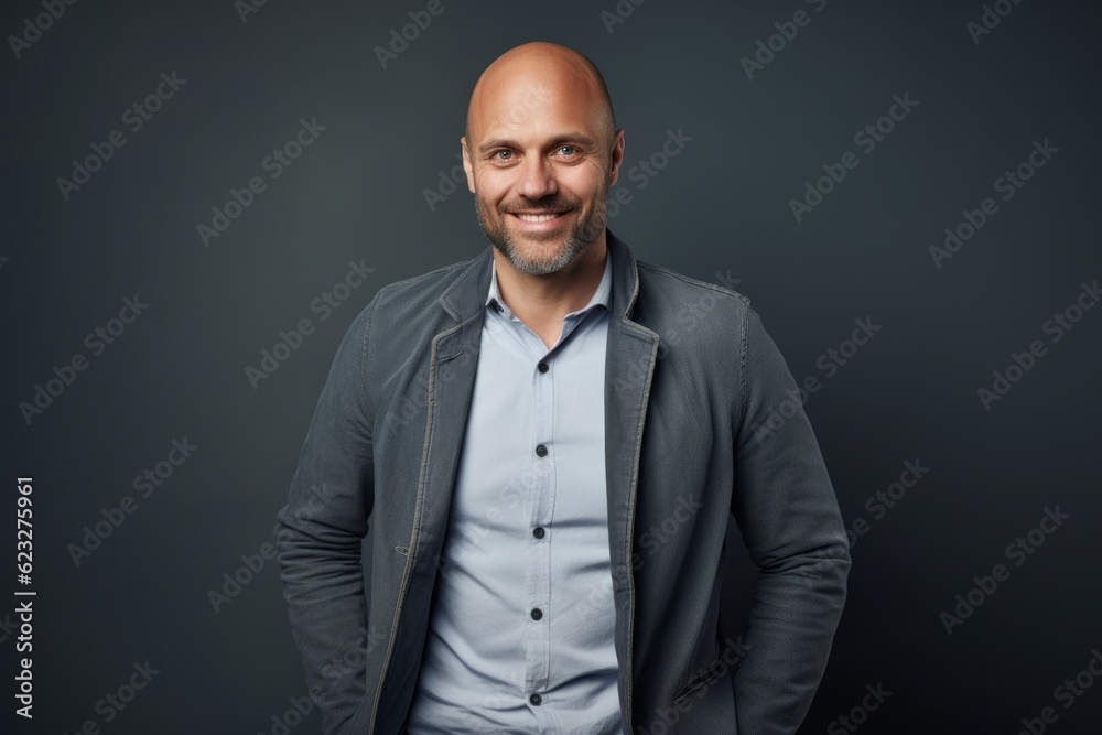 Portrait of a smiling bald man in a jacket on a gray background Portrait of a smiling bald man in a jacket on a gray background