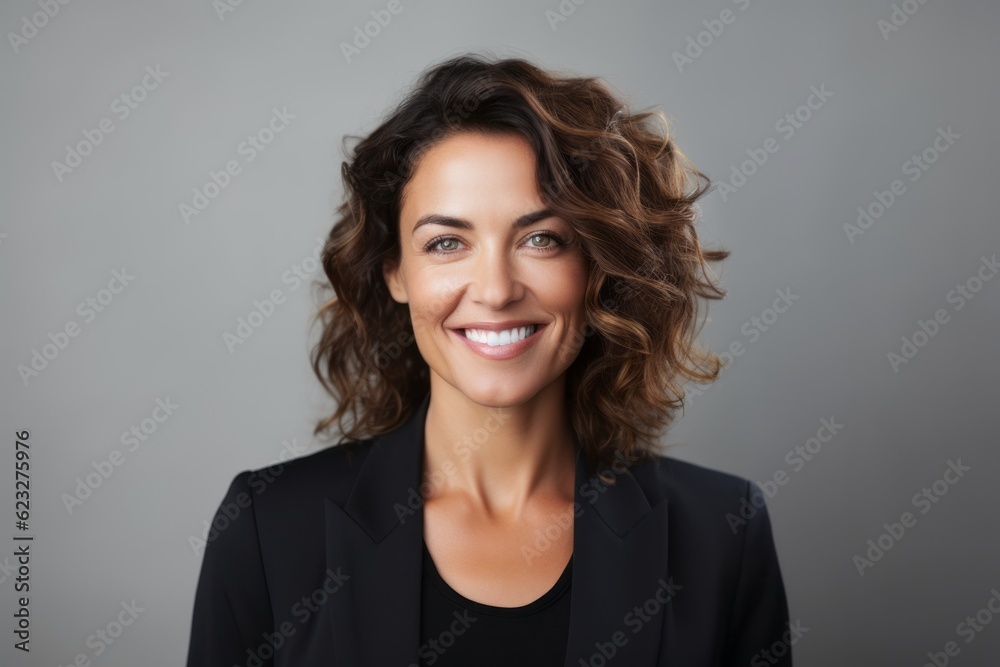 Fototapeta premium Portrait of a smiling businesswoman with curly hair against grey background
