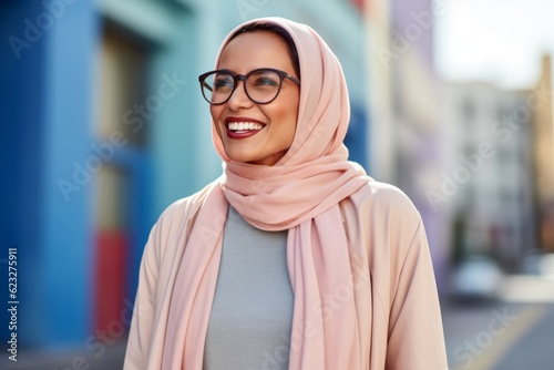 happy african american woman in hijab with eyeglasses on city street
