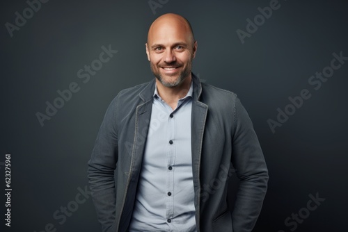 Portrait of a smiling bald man in a jacket on a gray background