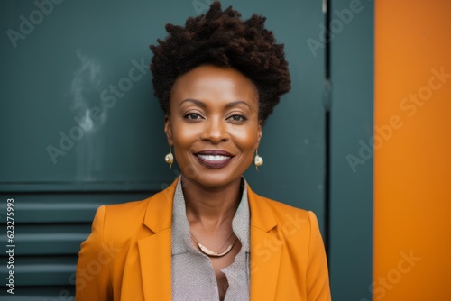 Close-up portrait photography of a satisfied Nigerian woman in her 40s wearing a classic blazer against an abstract background 