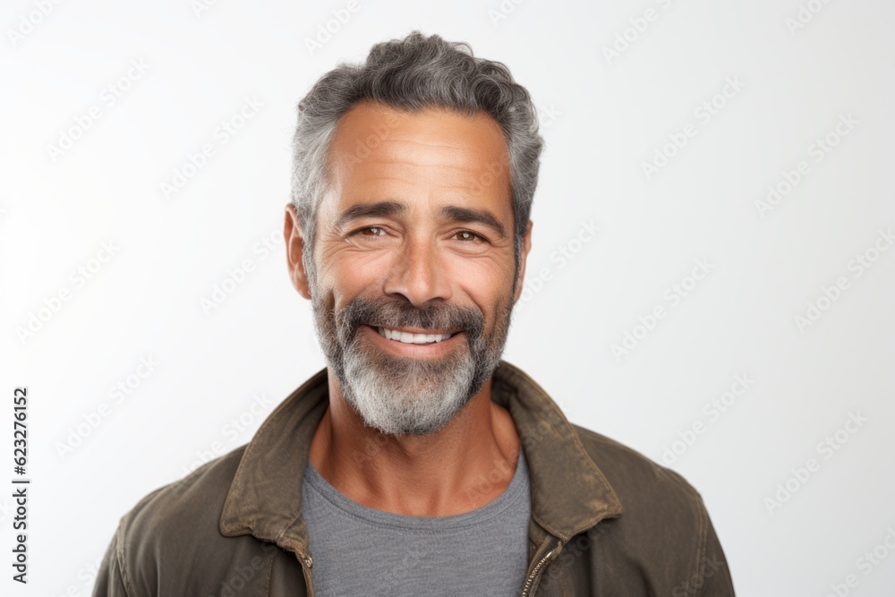 Portrait of handsome mature man with grey hair smiling at camera.