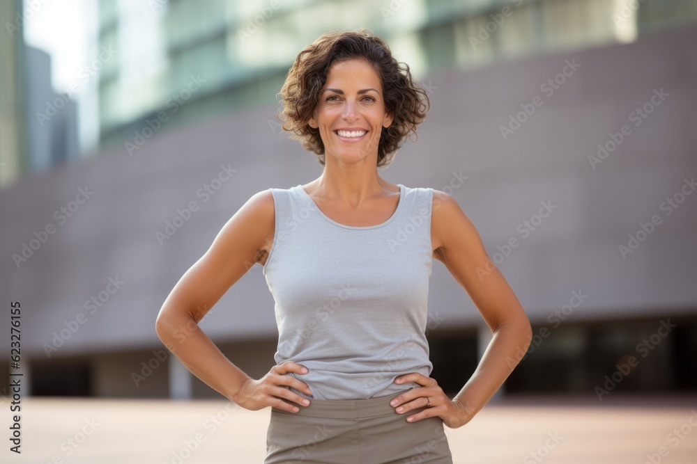 Portrait of smiling businesswoman standing with hands on hip in front of office building