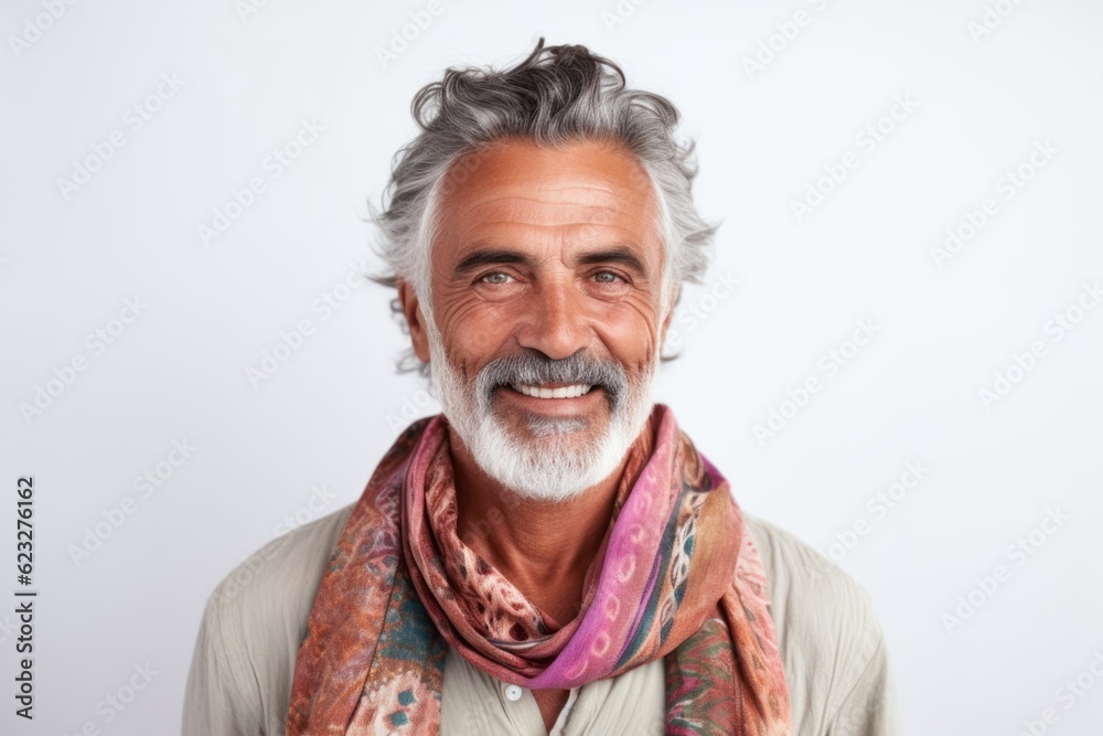 Portrait of a handsome mature man with gray hair wearing a scarf