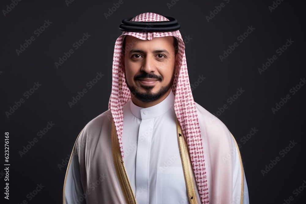 Handsome arabian man in kandora against black background