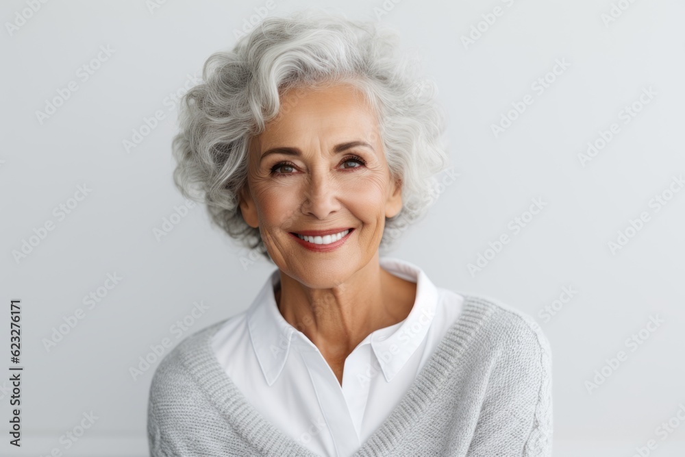 Group portrait photography of a satisfied Brazilian woman in her 70s wearing a chic cardigan against a white background Group portrait photography of a satisfied Brazilian woman in her 70s wearing a chic cardigan against a white background