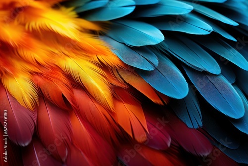 Colorful of Scarlet macaw bird's feathers with red yellow orange and blue shades, exotic nature background and texture