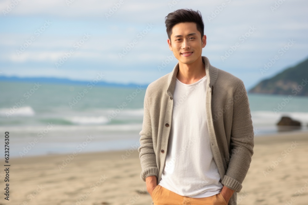 young asian man standing on the beach looking to the camera smiling young asian man standing on the beach looking to the camera smiling