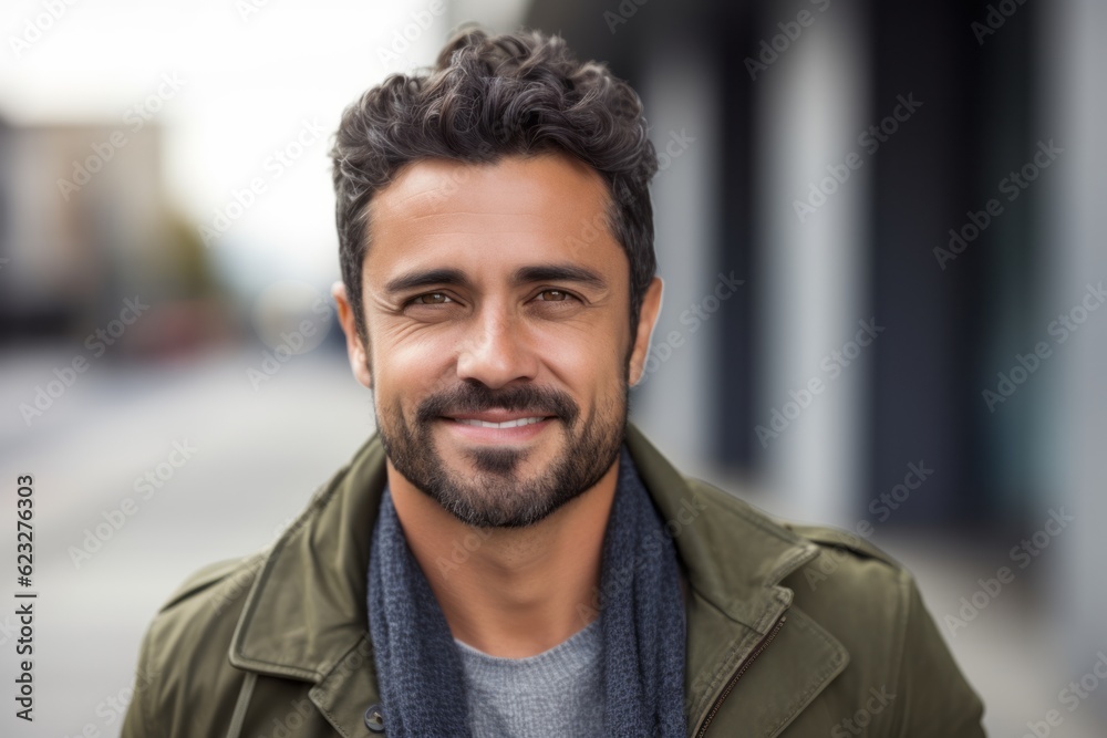 Fototapeta premium Portrait of handsome young man with beard looking at camera in city