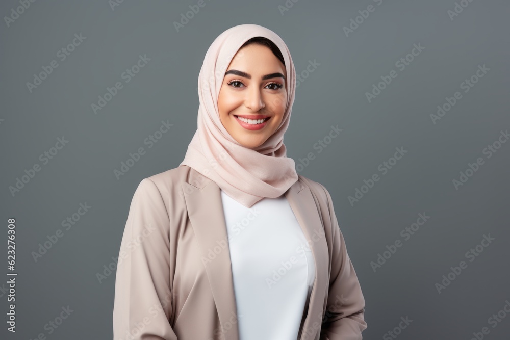 smiling muslim woman in hijab looking at camera isolated on grey smiling muslim woman in hijab looking at camera isolated on grey
