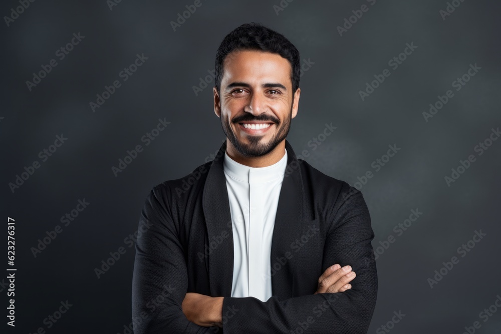smiling indian businessman in formal wear with crossed arms isolated on grey