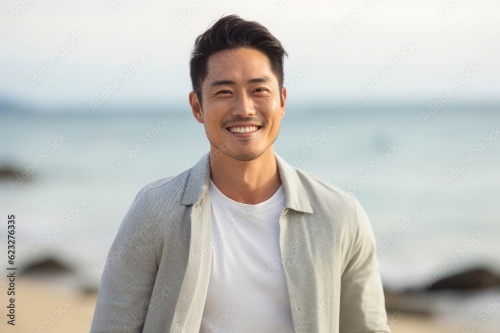 Portrait of handsome asian man smiling at camera on the beach Portrait of handsome asian man smiling at camera on the beach