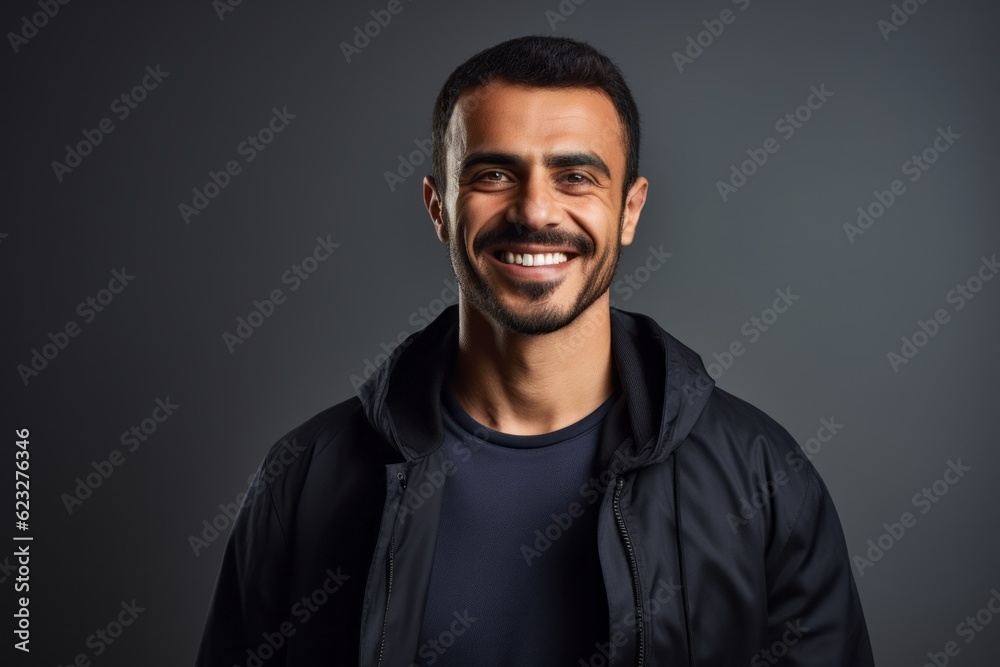 Fototapeta premium Portrait of a handsome young man smiling at camera isolated on grey background