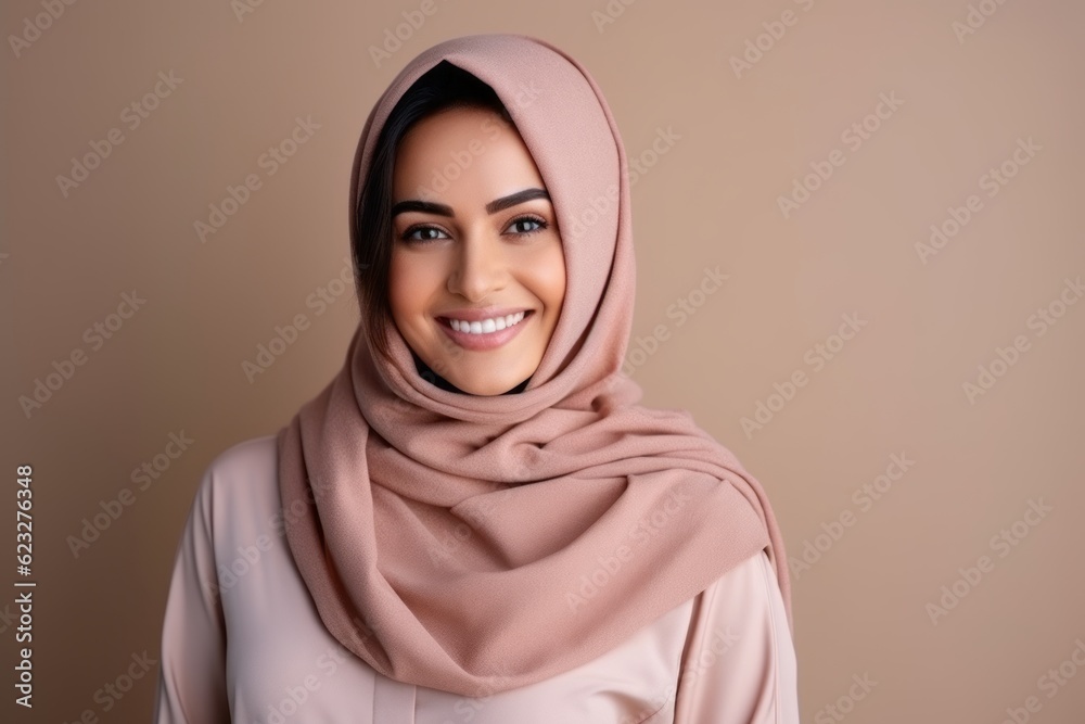 Portrait of beautiful young muslim woman with hijab smiling at camera.