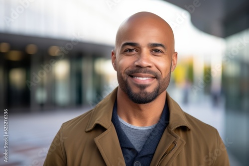 Portrait of a handsome young black man in a coat smiling at the camera