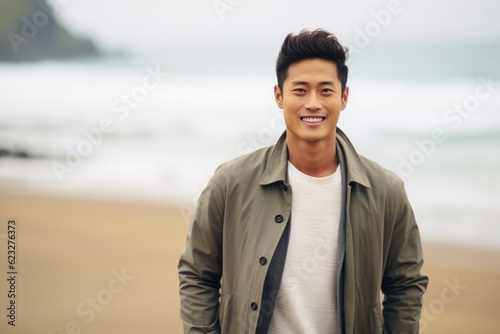 Portrait of handsome young asian man smiling on the beach.