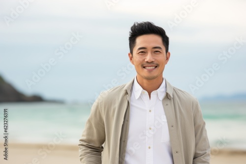 Smiling asian man standing on the beach and looking at camera