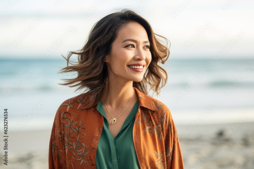 Portrait of a smiling asian woman on the beach looking away
