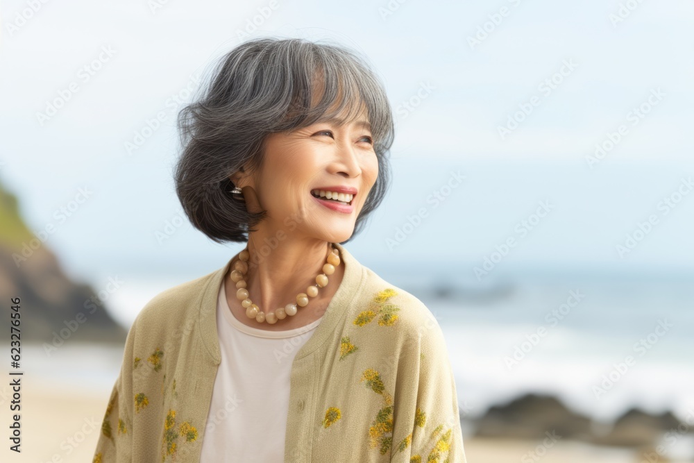 Portrait of a smiling senior asian woman standing on the beach Portrait of a smiling senior asian woman standing on the beach