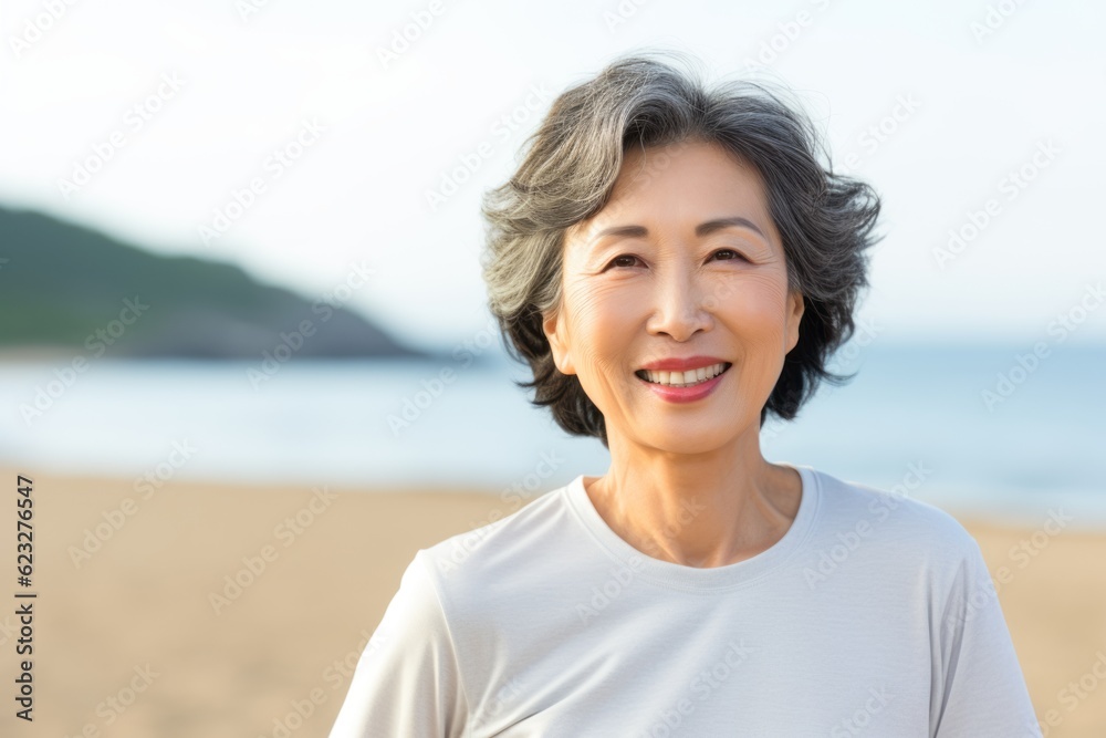 asian senior woman smiling at camera on the beach with sea background asian senior woman smiling at camera on the beach with sea background