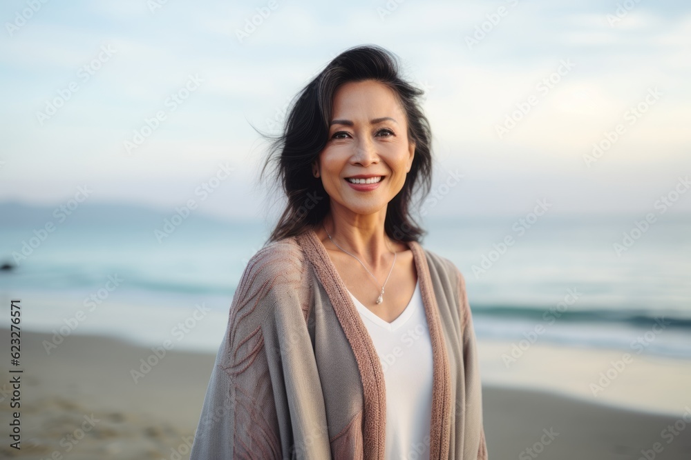 Portrait of a smiling mature woman standing on the beach at sunrise Portrait of a smiling mature woman standing on the beach at sunrise