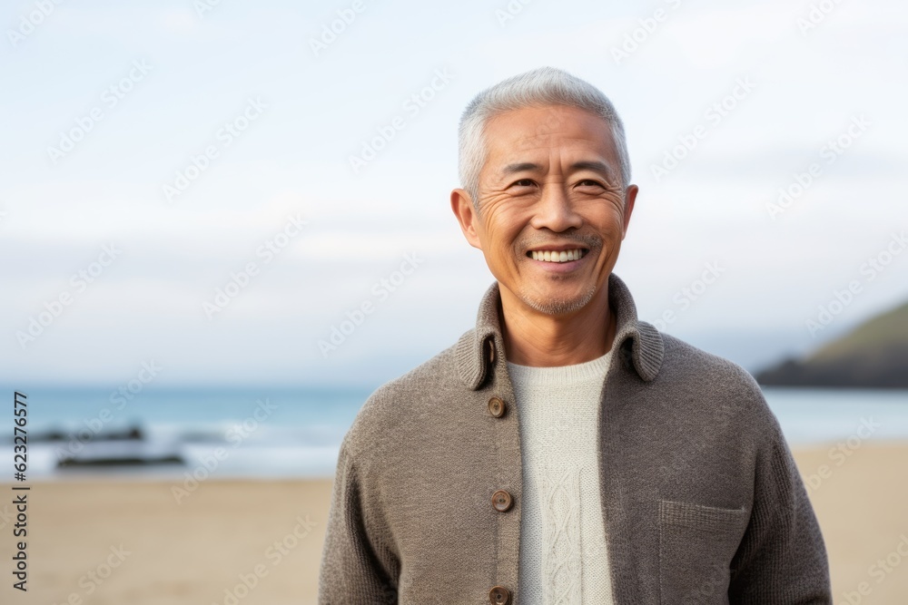 Portrait of happy asian senior man smiling at camera on beach