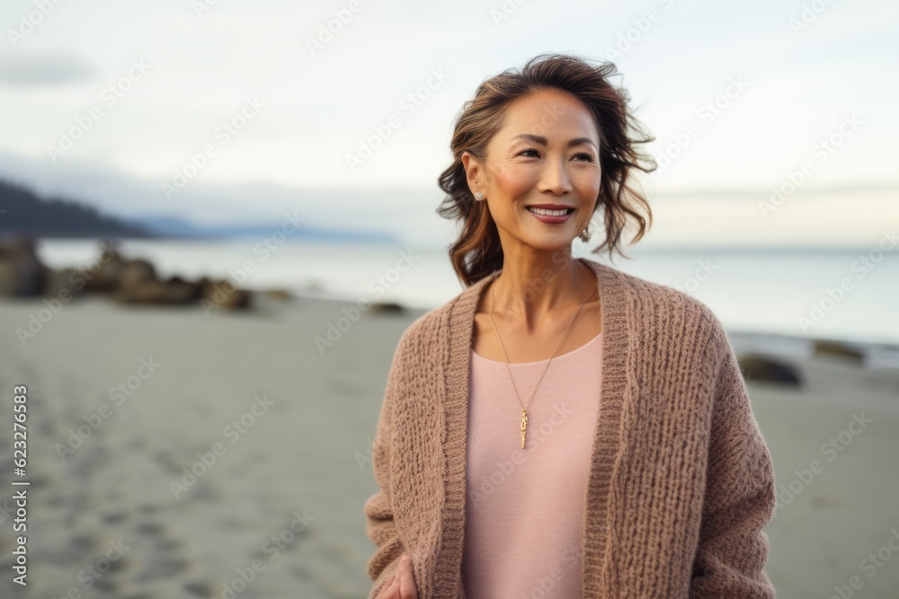 Portrait of a smiling woman standing on the beach in the morning Portrait of a smiling woman standing on the beach in the morning