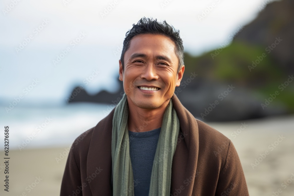 Portrait of smiling man wrapped in blanket on beach during autumn day