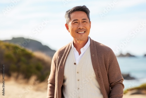 Portrait of happy senior man standing on beach with hand in pocket