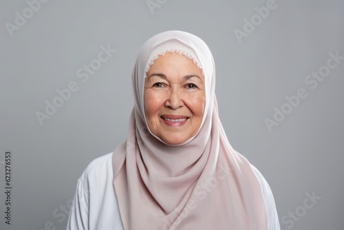 Portrait of Asian muslim woman wearing hijab smiling at camera.