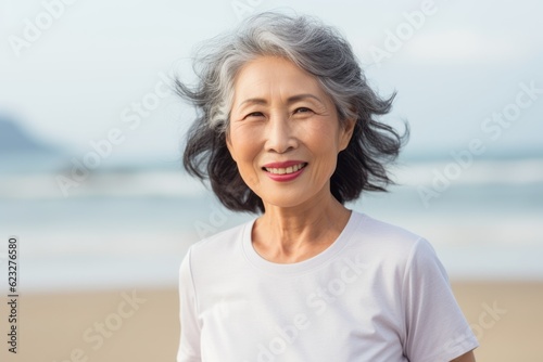 Portrait of happy asian senior woman on the beach at morning