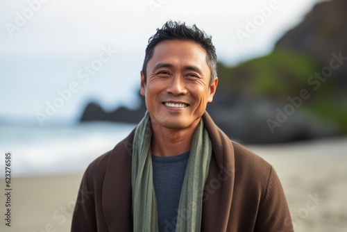 Portrait of smiling man wrapped in blanket on beach during autumn day © Anne Schaum