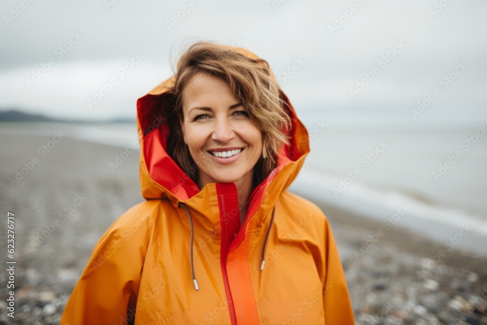 Portrait of smiling woman in raincoat standing on beach and looking at camera Portrait of smiling woman in raincoat standing on beach and looking at camera