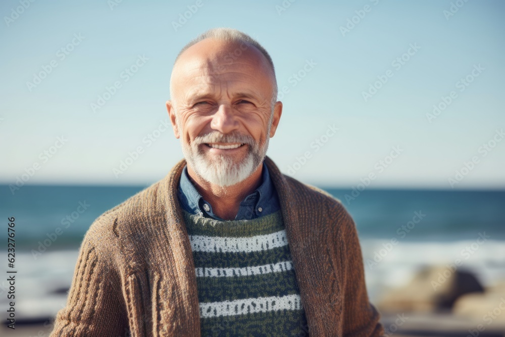 Portrait of a smiling senior man standing on the beach at autumn Portrait of a smiling senior man standing on the beach at autumn
