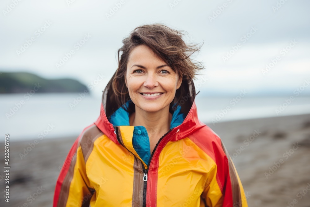 Portrait of smiling woman in raincoat looking at camera on beach Portrait of smiling woman in raincoat looking at camera on beach