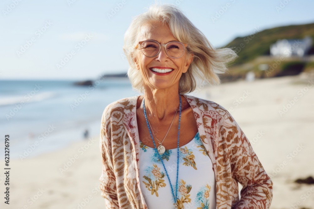 smiling senior woman in eyeglasses looking at camera on beach smiling senior woman in eyeglasses looking at camera on beach