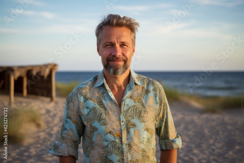 Portrait of a handsome mature man standing on the beach at sunset